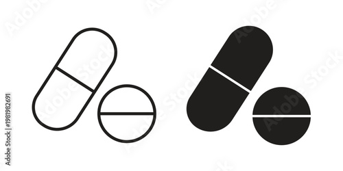 Pills icon editable vector pack. Black flat and line symbols