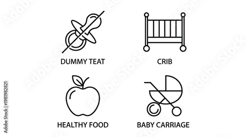 Baby Nursery Essentials Icons Set, Crib, Stroller, Healthy Food, Dummy Teat, Vector Illustration