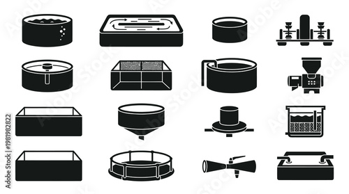 Aquaculture Equipment Icons: Tanks, Filters, Feeders - Black Glyph Set