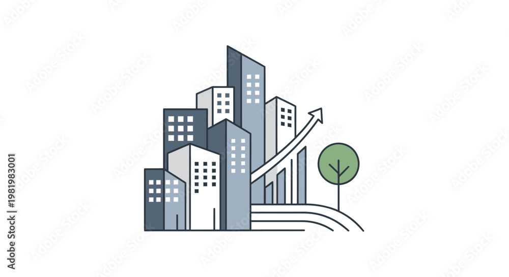 Fototapeta premium Modern cityscape illustration with growing arrow and tree on white background