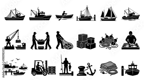 Fishing Industry Icons: Boats, Nets, Fishermen, Cargo, Seafood, Crane, Anchor