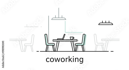 Modern coworking space illustration with laptop and coffee cup concept