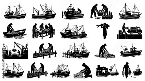 Fishing Industry Activities: Fishermen, Boats, and Seafood Harvesting Silhouette Icon Set
