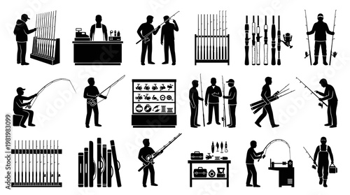 Black and White Fishing Rods and Gear Icons - Sport and Hobby
