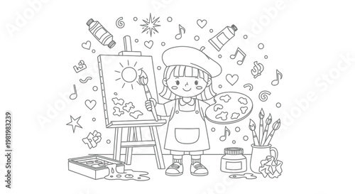 Cute artist girl painting sun on canvas, colorful art supplies, creative childhood fun