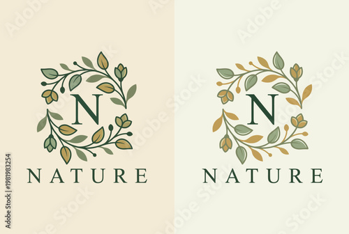 This elegant nature-themed logo showcases the letter 'N' surrounded by leaves and branches, emphasizing a commitment to eco-friendliness and organic design aesthetics.