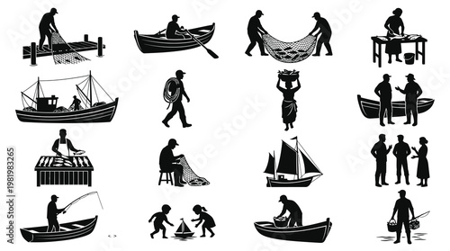 Fishing Industry Silhouettes: Fishermen  Boats Black  White Vector Icons Set