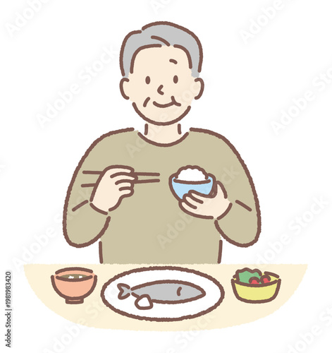 シニア男性の食事イラスト｜バランスの良い食生活・健康的な食事シーン