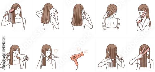 Step-by-Step Hair Styling Process with Brushing, Washing, and Drying Techniques for Personal Care, Beauty, and Hairdressing in Digital Media