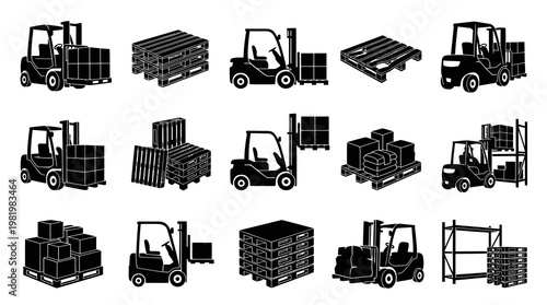 Black and White Warehouse Forklift and Pallet Icons Set