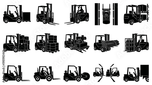 Black and White Forklift Icons, Industrial Logistics and Material Handling Glyphs