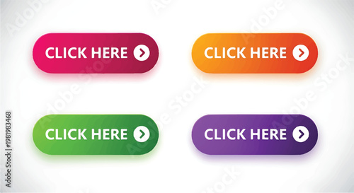 Set of four colorful rounded click here call to action buttons for websites and user interfaces with interface colorful rectangle illustration internet marketing navigation interaction