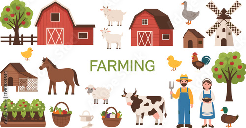 Rustic Countryside Farm Vector Set Featuring Red Barns, Apple Orchard, Farmers, and Diverse Livestock for Agricultural Branding and Educational Graphic Design