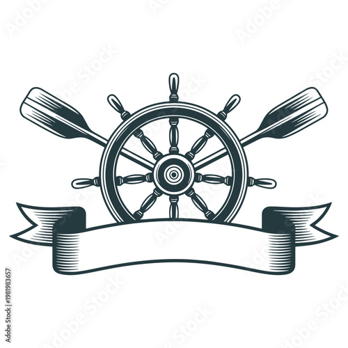 Vintage ship wheel with crossed paddles and decorative banner