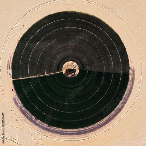 Aerial top view of center-pivot irrigation circle in a sandy desert. Green agricultural field creates a striking geometric contrast with the arid dunes. Sustainable farming in extreme conditions.