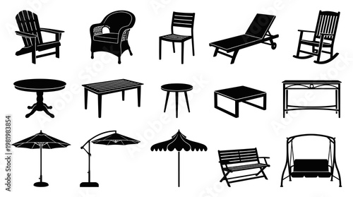 Black and White Outdoor Furniture Silhouettes - Patio Chairs, Tables, Umbrellas, Bench, Swing