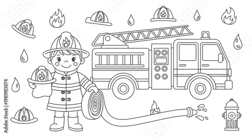 Cute Firefighter with Truck and Hose, Line Art Coloring Page for Kids