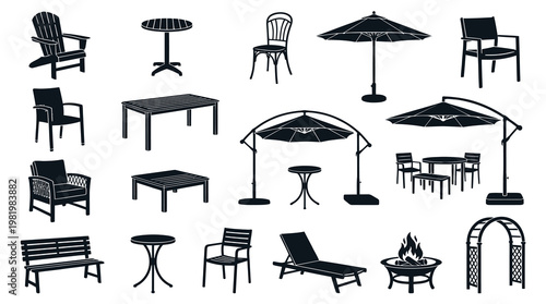 Black Silhouette Outdoor  Patio Furniture Icons - Garden Chairs, Tables, Umbrellas, Fire Pit