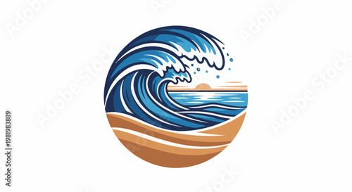 Stylized ocean wave crashes on a beach with a sunset in the background