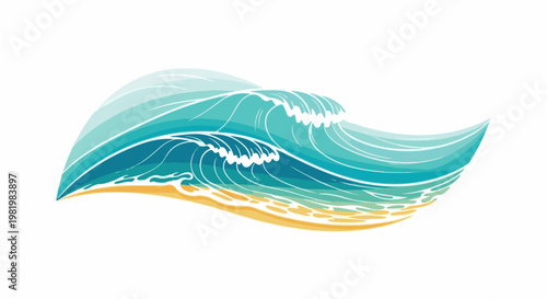 Stylized ocean waves crash onto a sandy beach with white foam