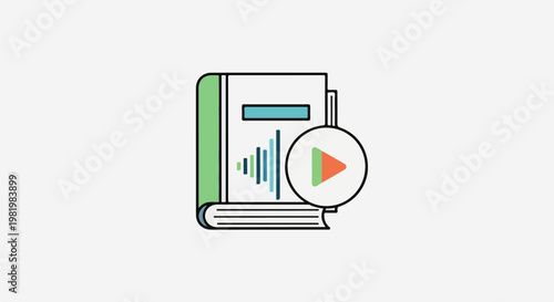 Stylized open book with audio waves and play button