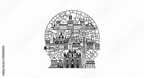 Stylized outline of a city skyline within an oval frame