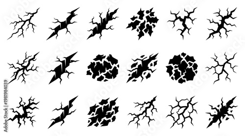 Set of Black Cracked Ground and Wall Textures, Grunge Effect Icons