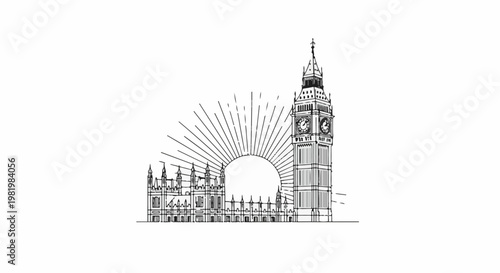 Stylized outline of a grand clock tower beside a series of arched buildings