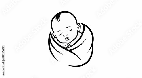 Stylized outline of a newborn baby peacefully sleeping, swaddled tightly