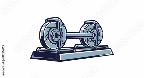 Stylized pair of automotive brake rotors with calipers on stands