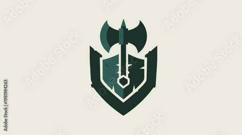 Stylized shield and double-bladed axe graphic in muted greens, an emblem of strength, protection, and medieval combat.
