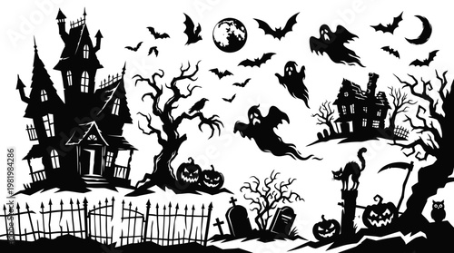 Halloween Silhouette: Haunted House, Ghosts, Bats, Pumpkins, Cemetery Icons