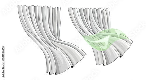 White fabric curtains flowing with light green abstract wave pattern