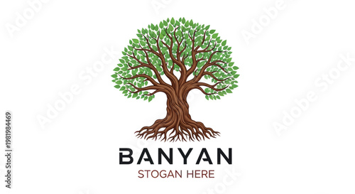 Banyan Tree Logo Design - Green Leaves, Strong Roots, White Background