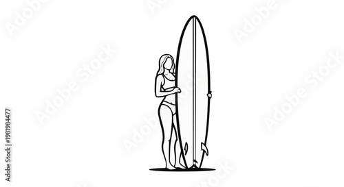 Stylized line art of a woman in a bikini holding a surfboard