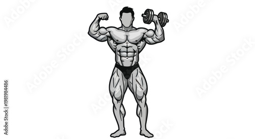 Bodybuilder flexing muscles with dumbbell, illustration