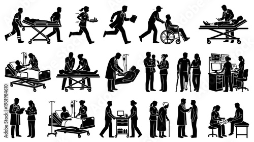 Medical Healthcare Professionals and Patient Care Vector Silhouettes Glyph Icon Set