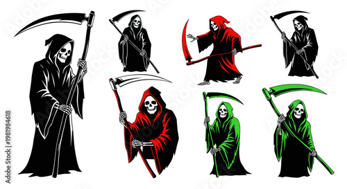 Grim Reaper Collection: Skeleton Figures with Scythes in Various Poses and Colors