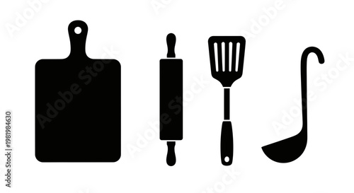 Kitchen Utensils Set: Cutting Board, Rolling Pin, Spatula, Ladle - Black Silhouette