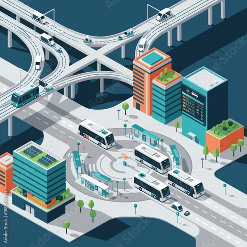 Isometric Cityscape with Modern Transportation and Infrastructure.