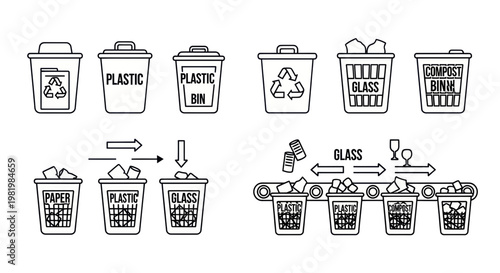 Recycling Bins and Sorting Process Icons: Paper, Plastic, Glass, Compost