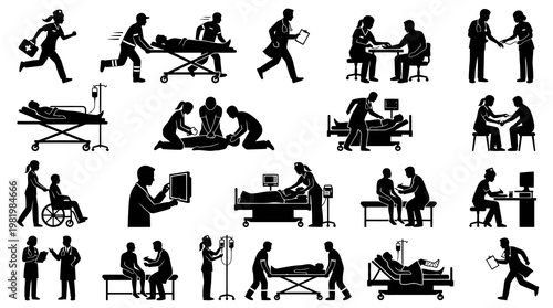 Medical Healthcare Staff and Patient Care Silhouette Icons Vector Set