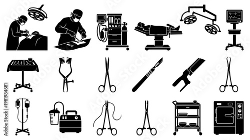 Medical Surgery Black  White Glyph Icons Set: Operating Room Equipment and Procedures