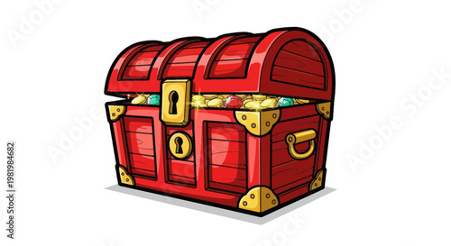 Red Treasure Chest Overflowing with Gold Coins and Jewels
