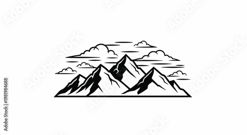 Stylized line art of jagged mountain peaks rising against a sky filled with clouds