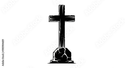 Rustic Wooden Cross on Rocky Base - Christian Symbol