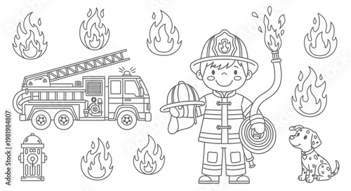 Firefighter, Fire Truck, Dalmatian Dog, Hydrant, Flames - Coloring Book Style