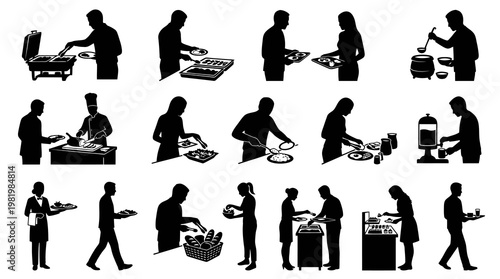 Hospitality Food Service and Buffet People Silhouettes Vector Set