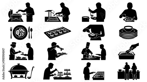 Food Service Buffet Catering Silhouette Icons Set - Restaurant Dining People Glyph Vectors