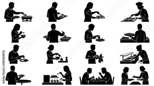 Dining  Food Service Silhouettes: People Eating, Serving, Buffets Vector Glyphs